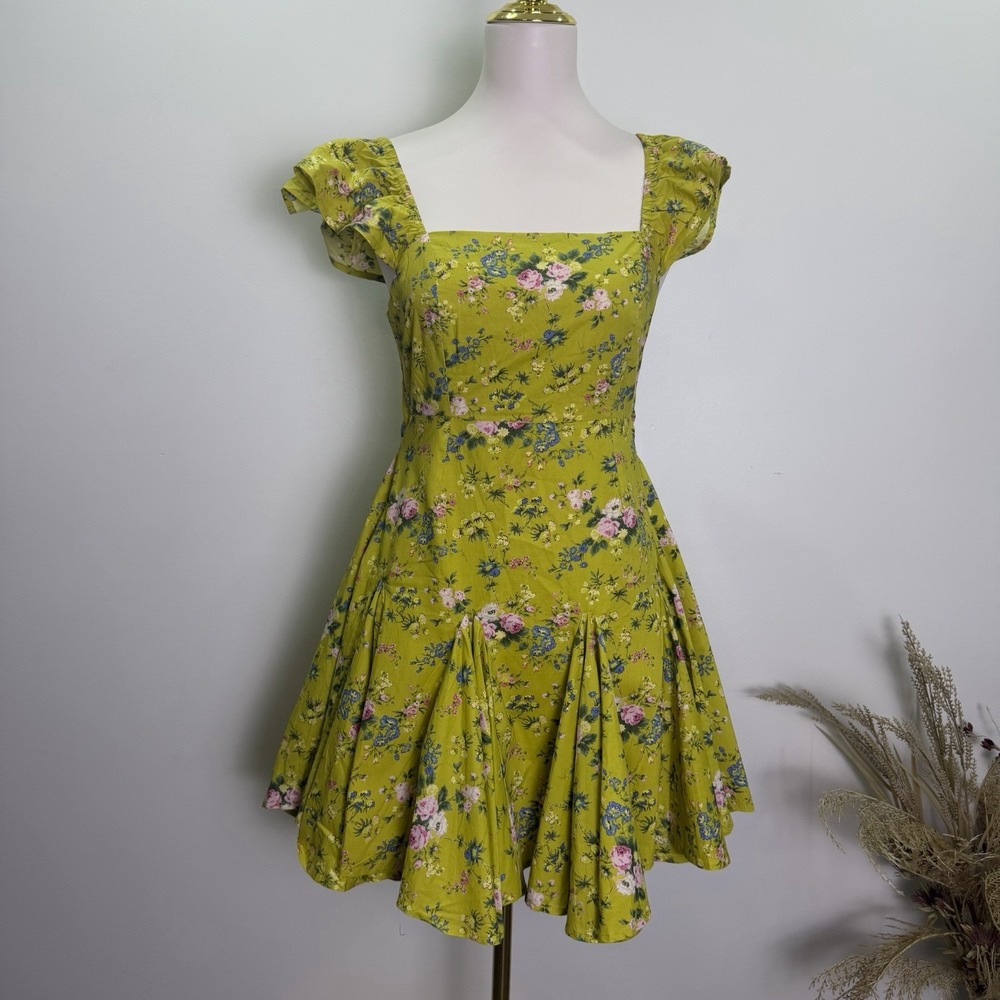Mable Chartreuse Floral Mini Dress Open Back Tie Flutter Sleeve Green Medium